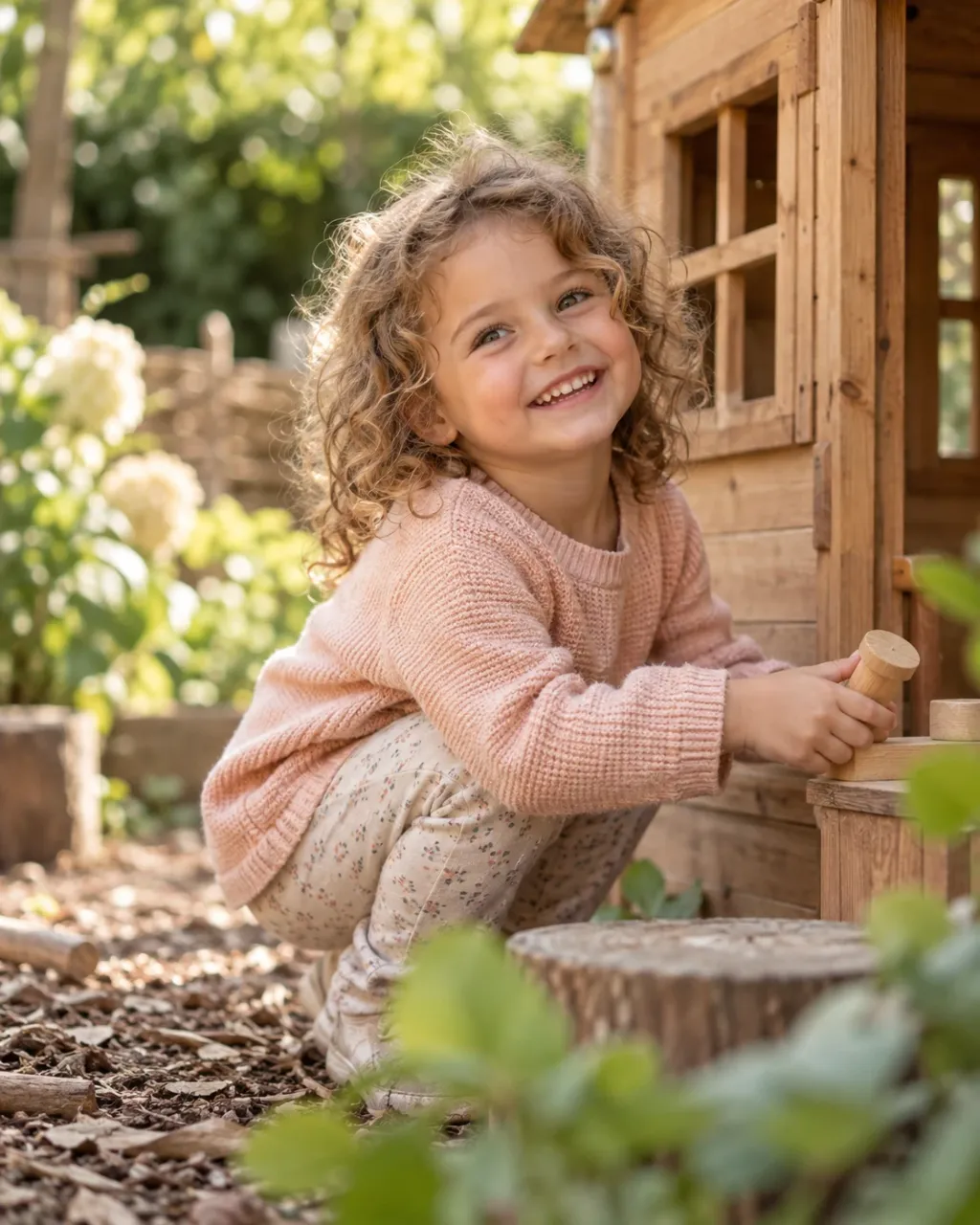 Fröhliches Kindergartenkind am Spielhaus