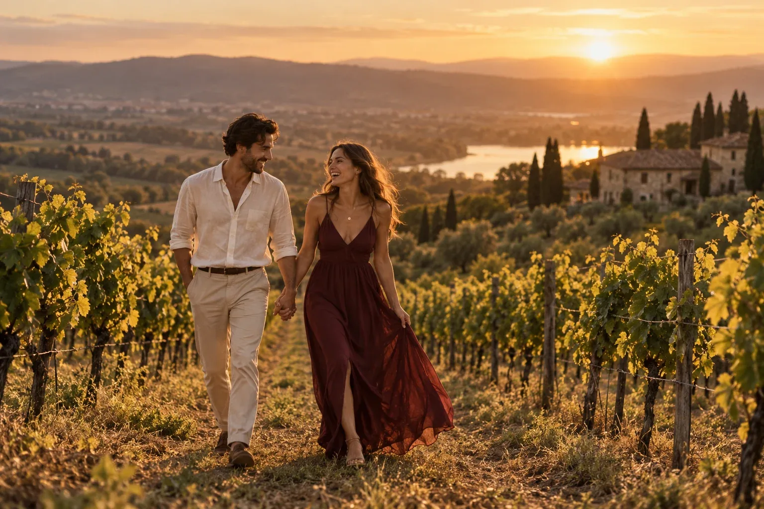 Paar spaziert Hand in Hand durch einen Weinberg im Abendlicht