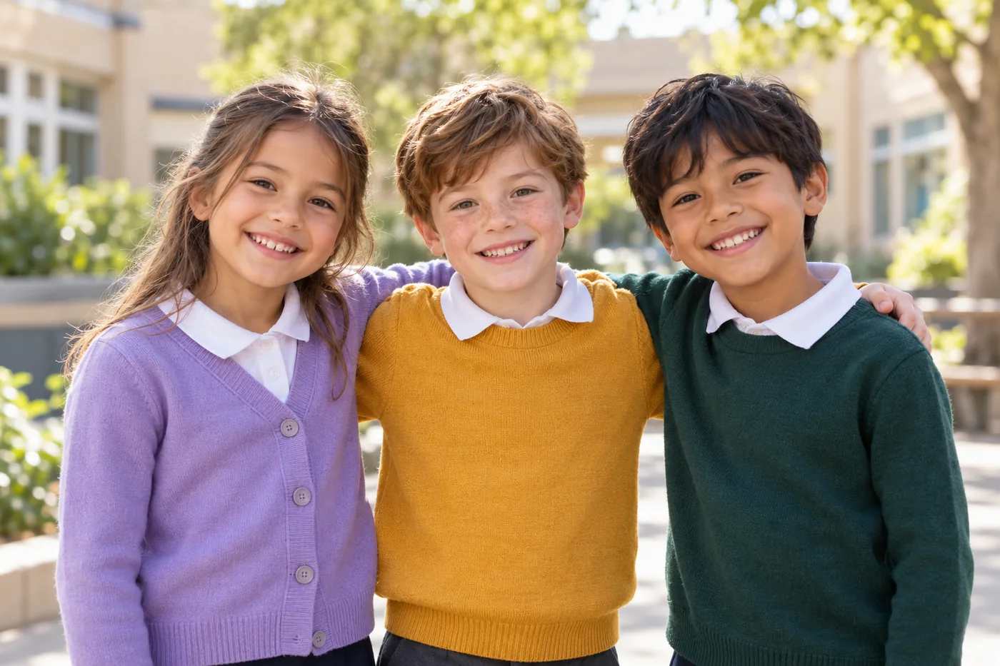 Drei Kinder lächeln zusammen auf einem sonnigen Schulhof