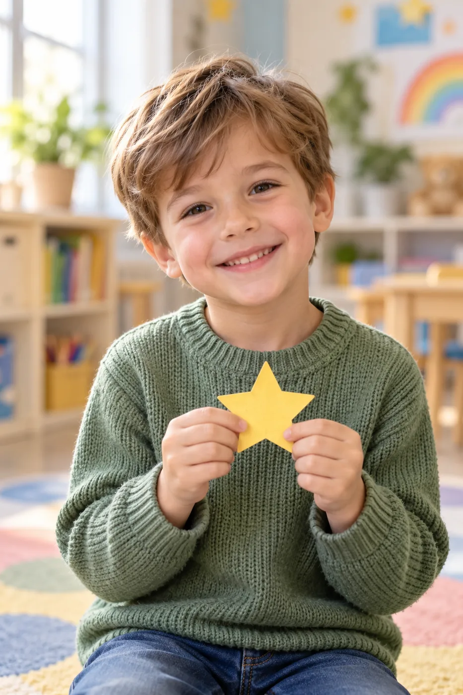 Ein lächelndes Kita-Kind hält einen gelben Papierstern