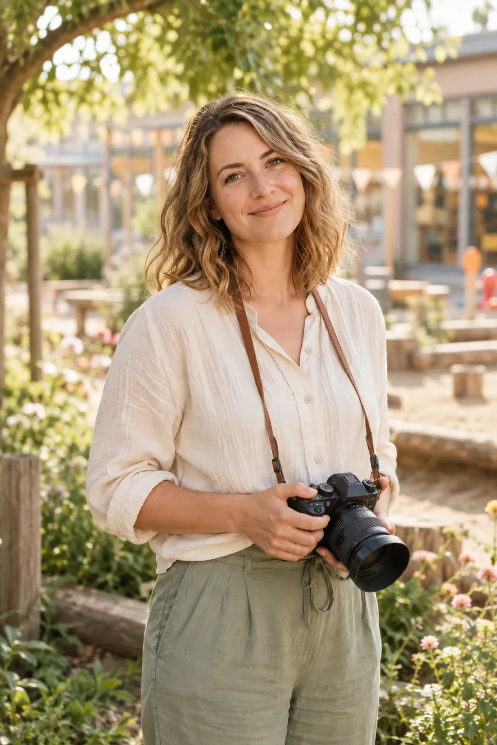 Fotografin mit ihrer Kamera im Grünen