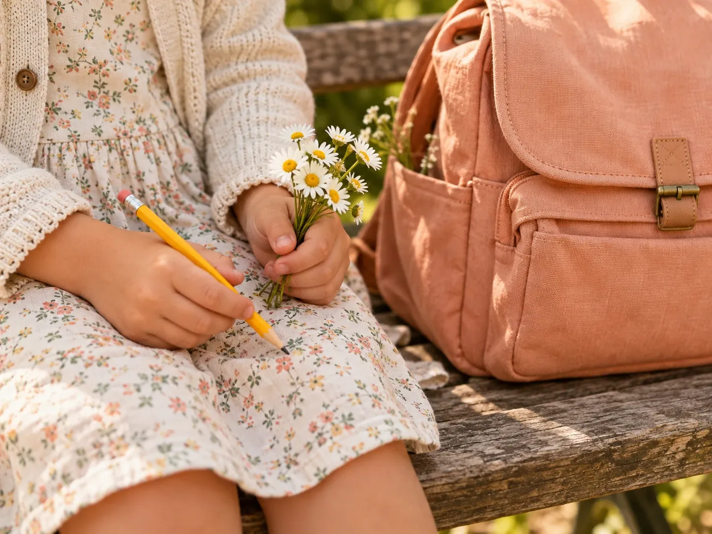 Kinderhände mit Gänseblümchen neben einem Schulranzen