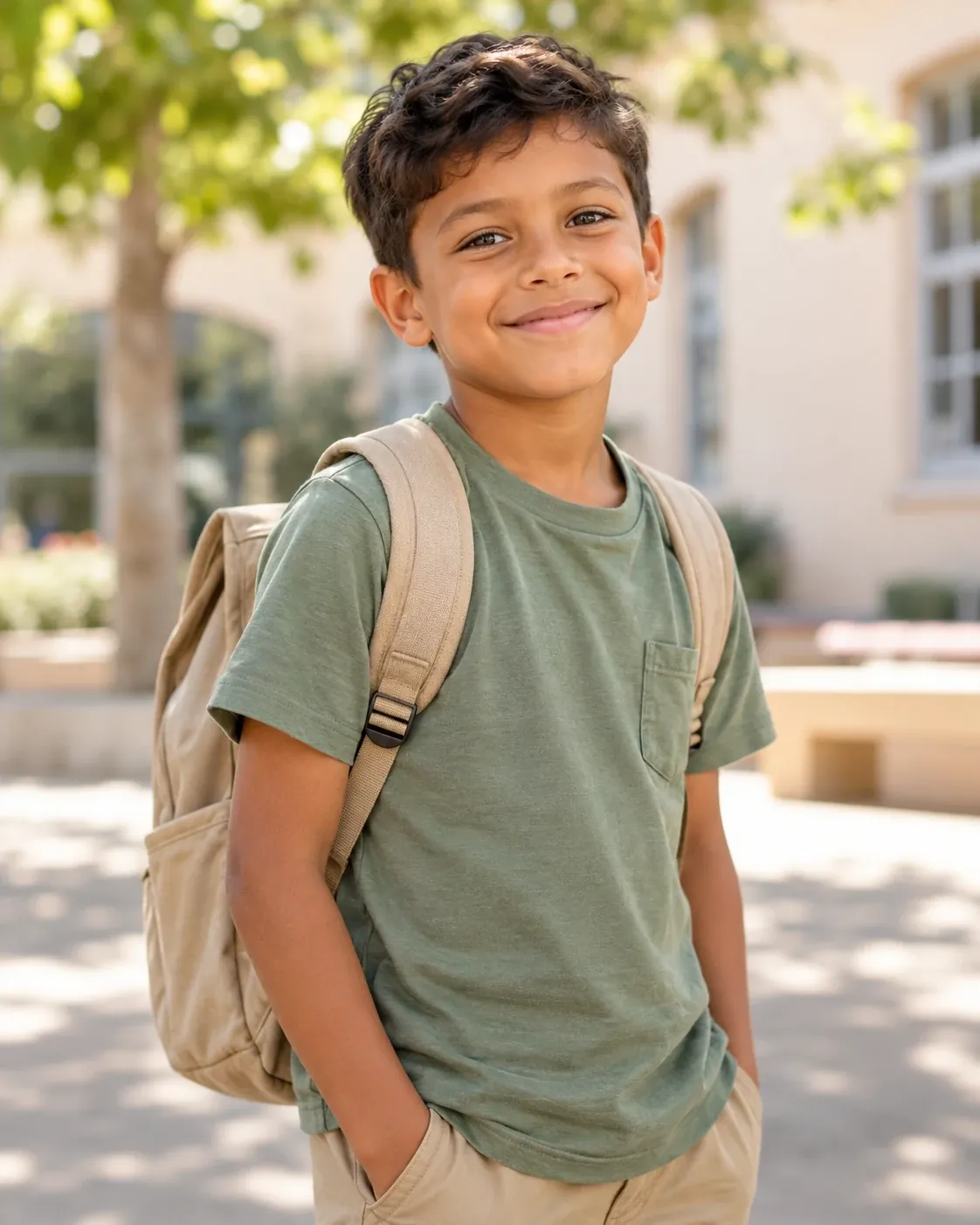 Schulkind mit Rucksack im sonnigen Schulhof