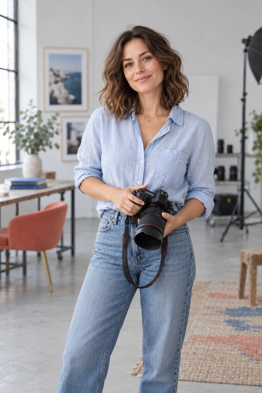 Fotografin mit Kamera im hellen Studio