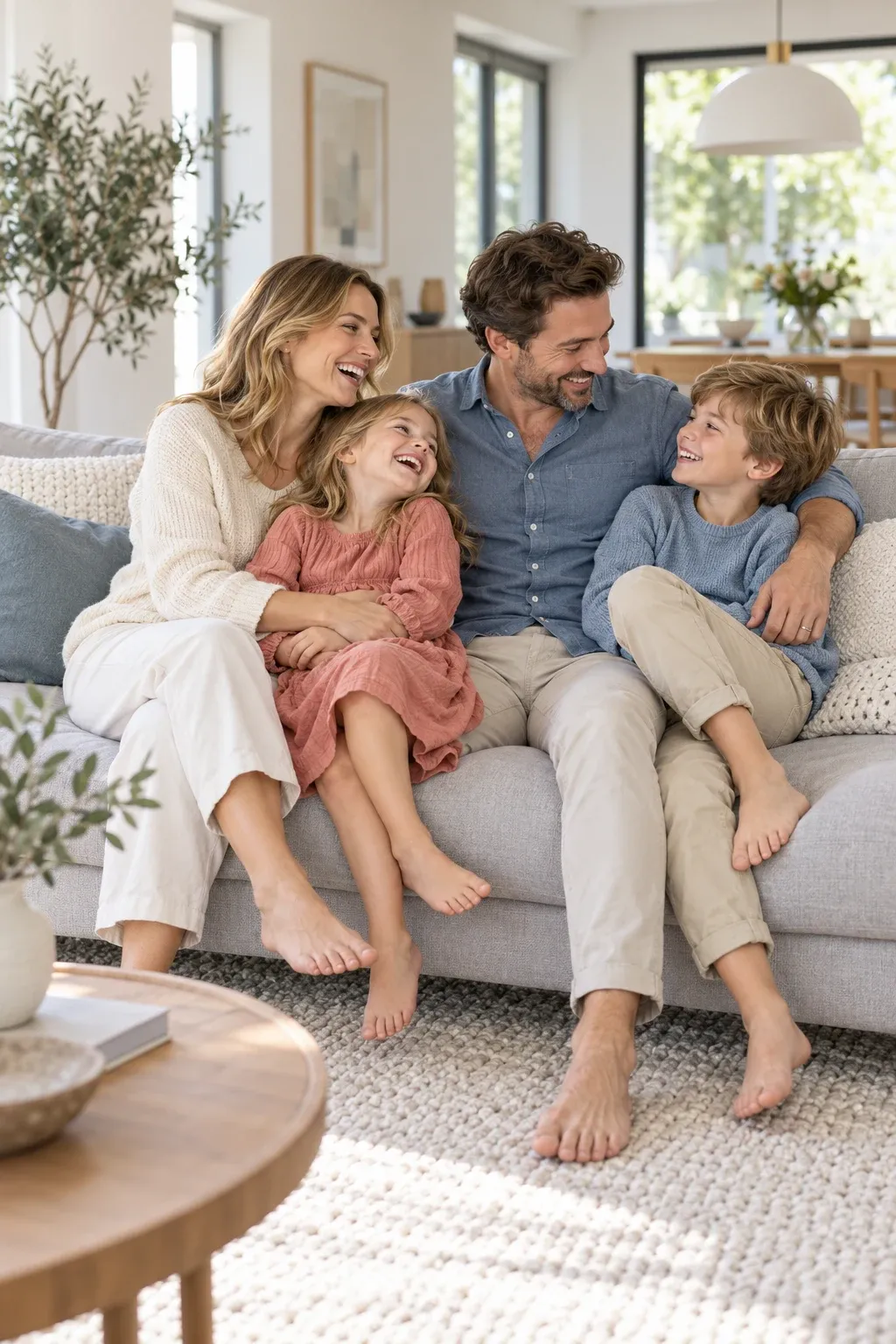 Eine Familie lacht gemeinsam auf einem hellen Sofa