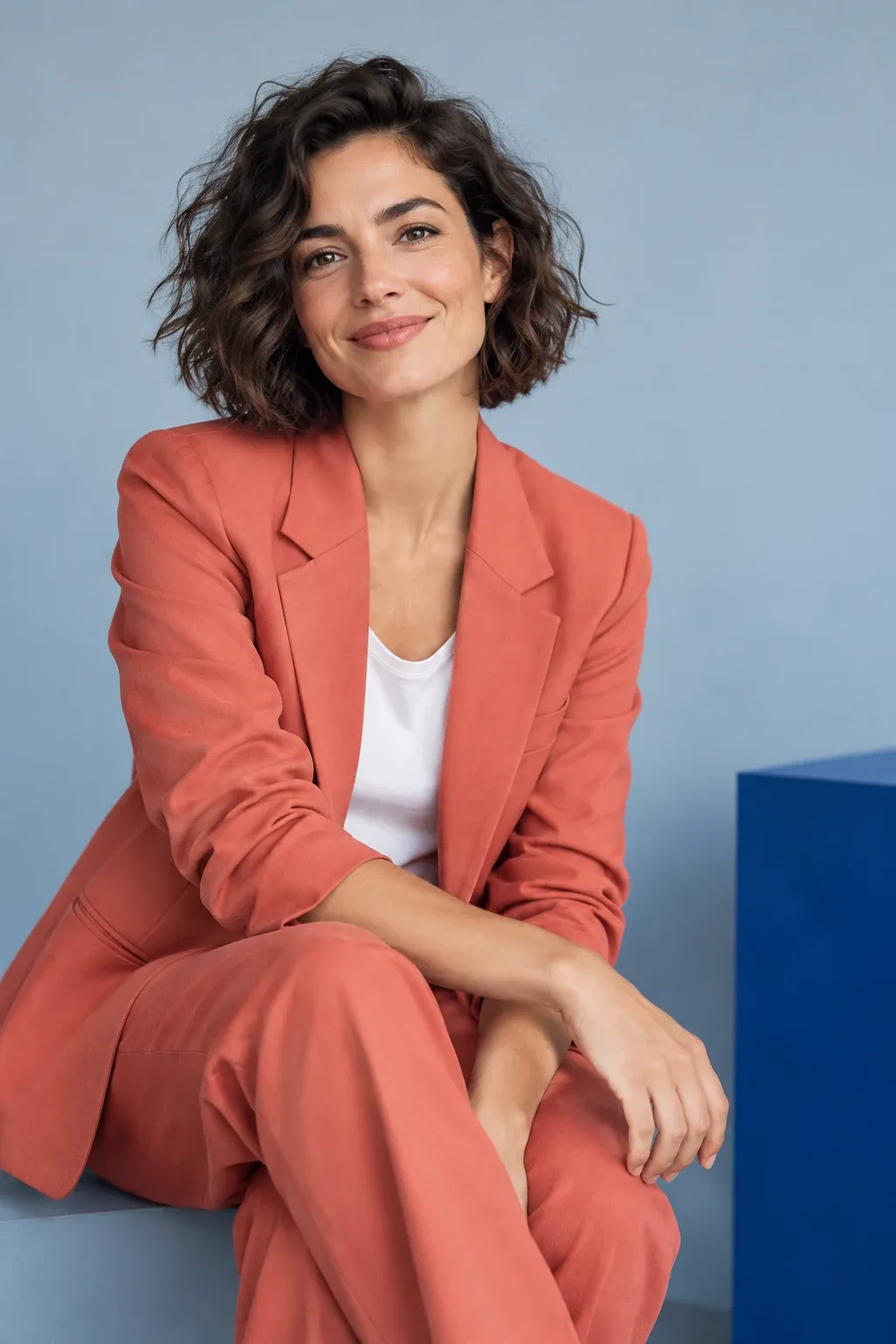 Natürliches Studioporträt einer Frau im korallfarbenen Blazer