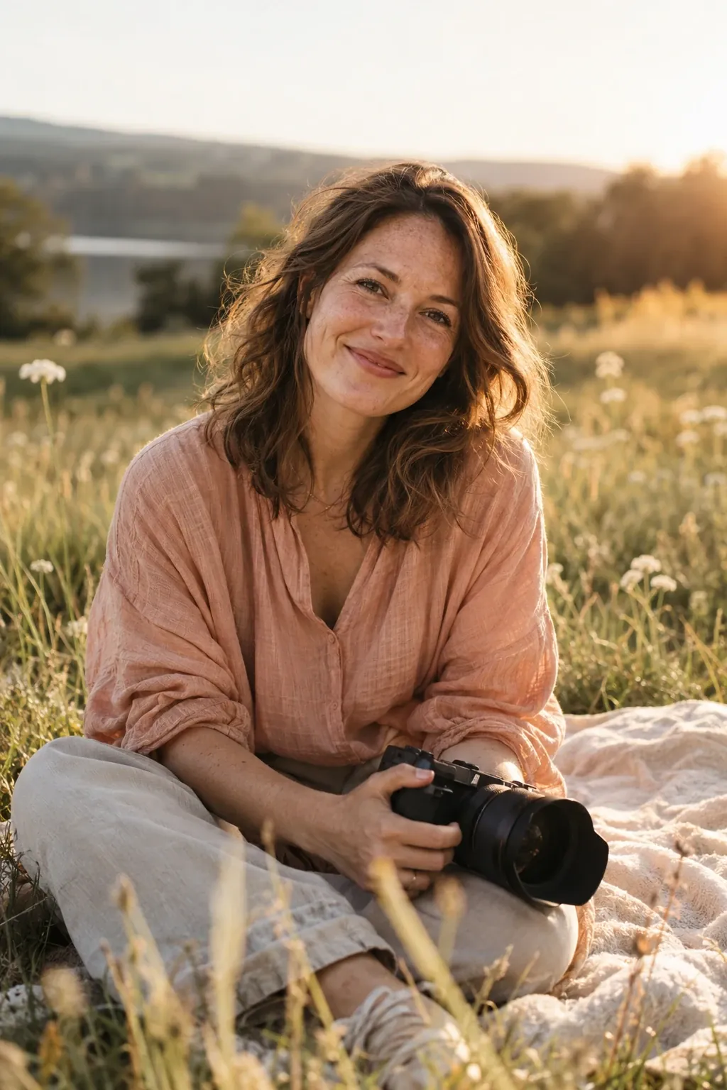 Fotografin mit Kamera auf einer Sommerwiese