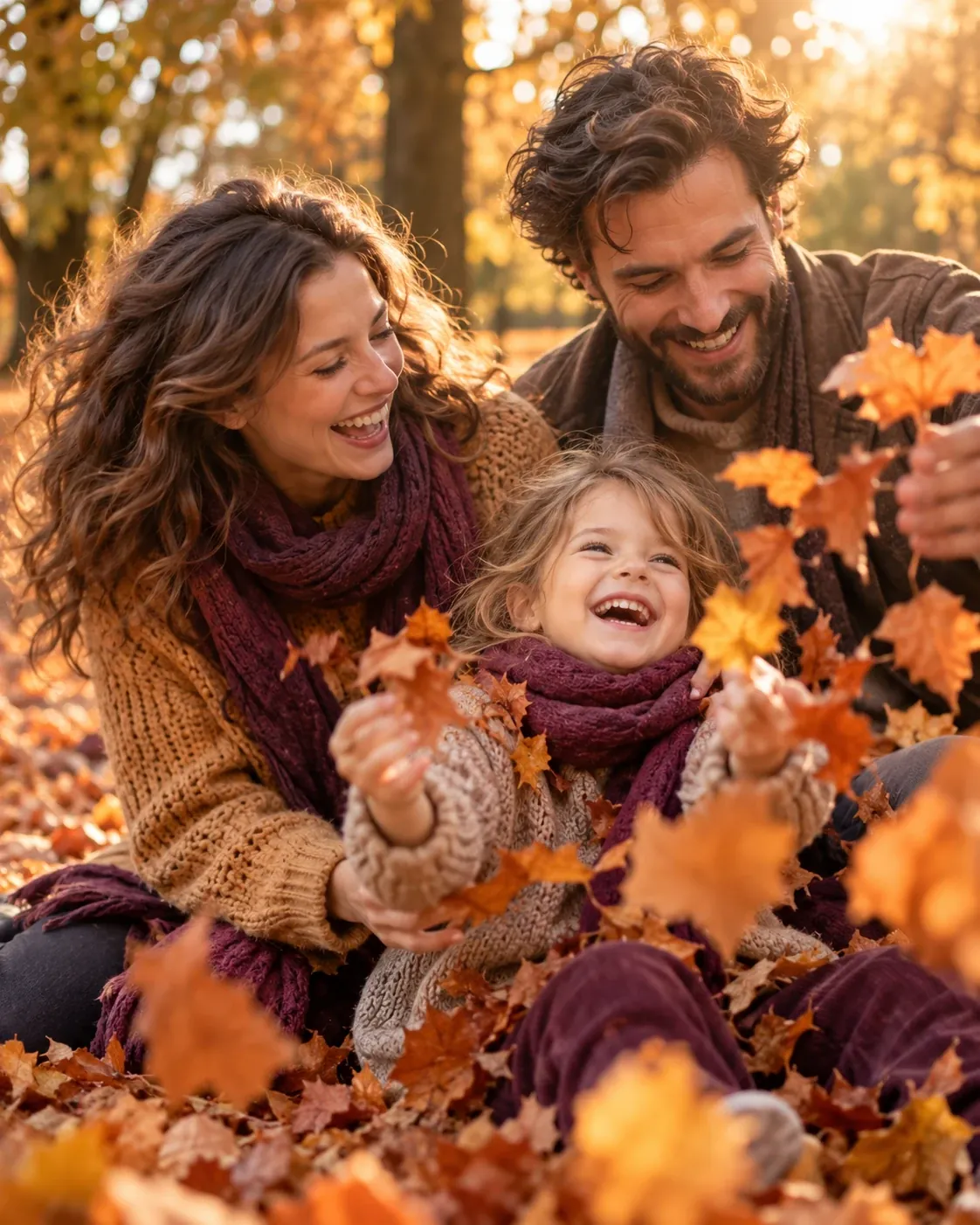 Familie spielt mit bunten Herbstblättern