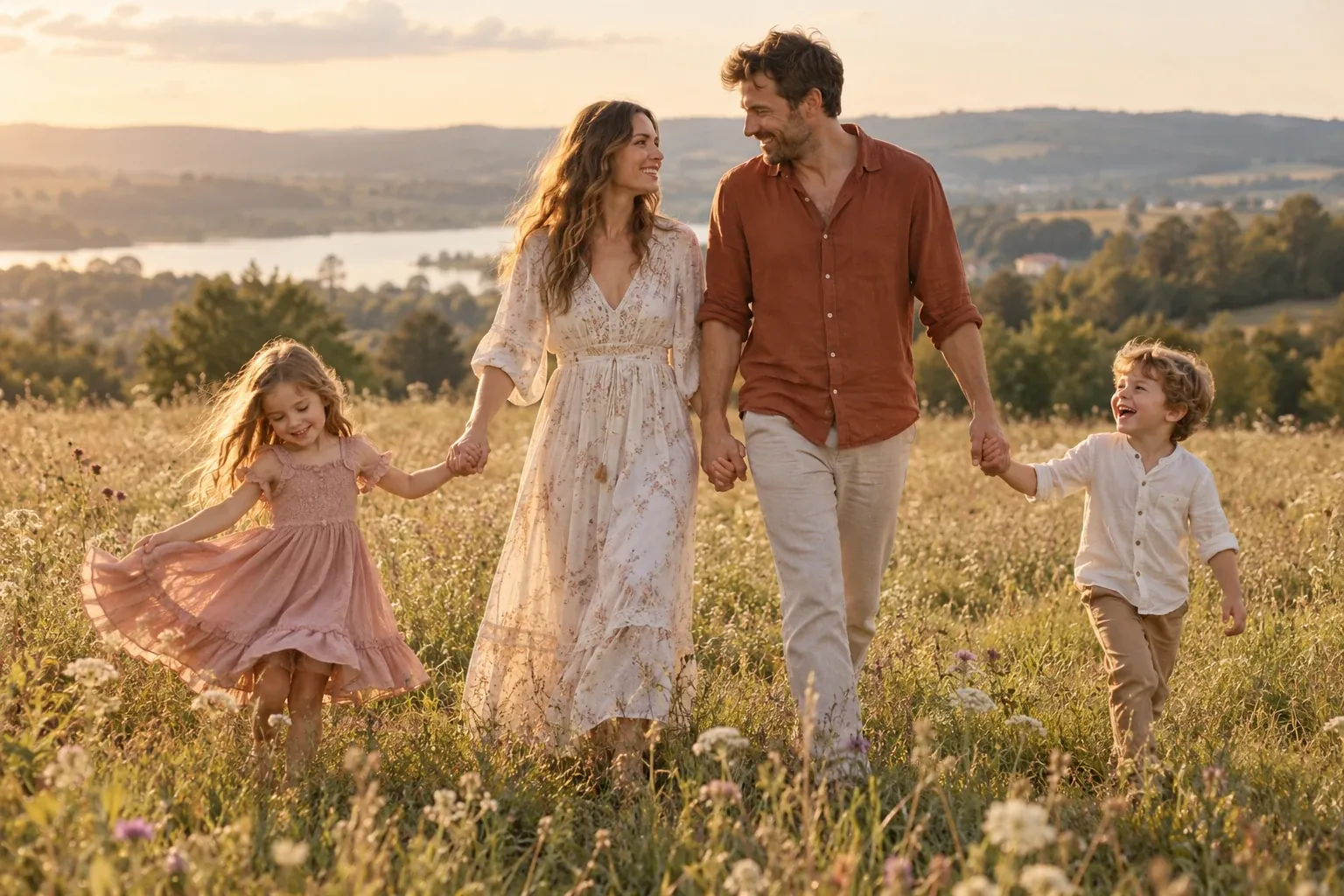 Familie spaziert gemeinsam durch eine Wiese
