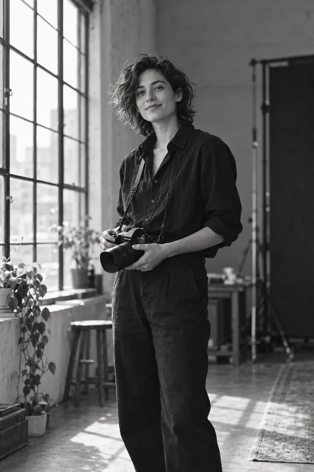 Fotografin mit Kamera am Atelierfenster