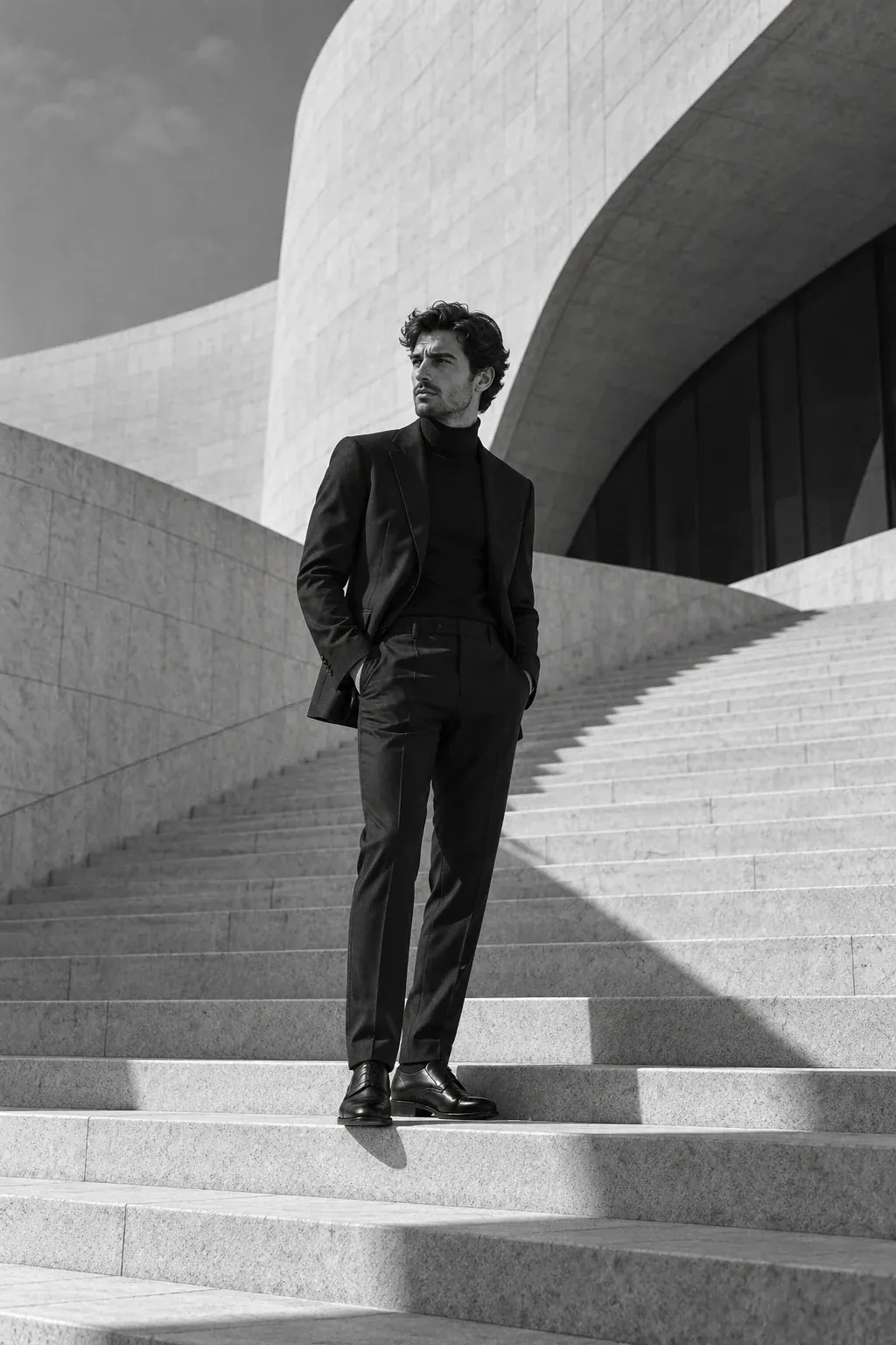 Mann auf einer architektonischen Treppe mit geometrischen Schatten