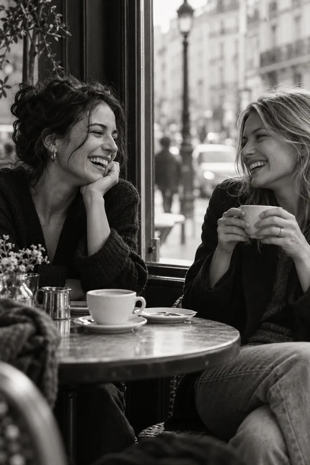 Zwei Freundinnen lachen gemeinsam in einem Café