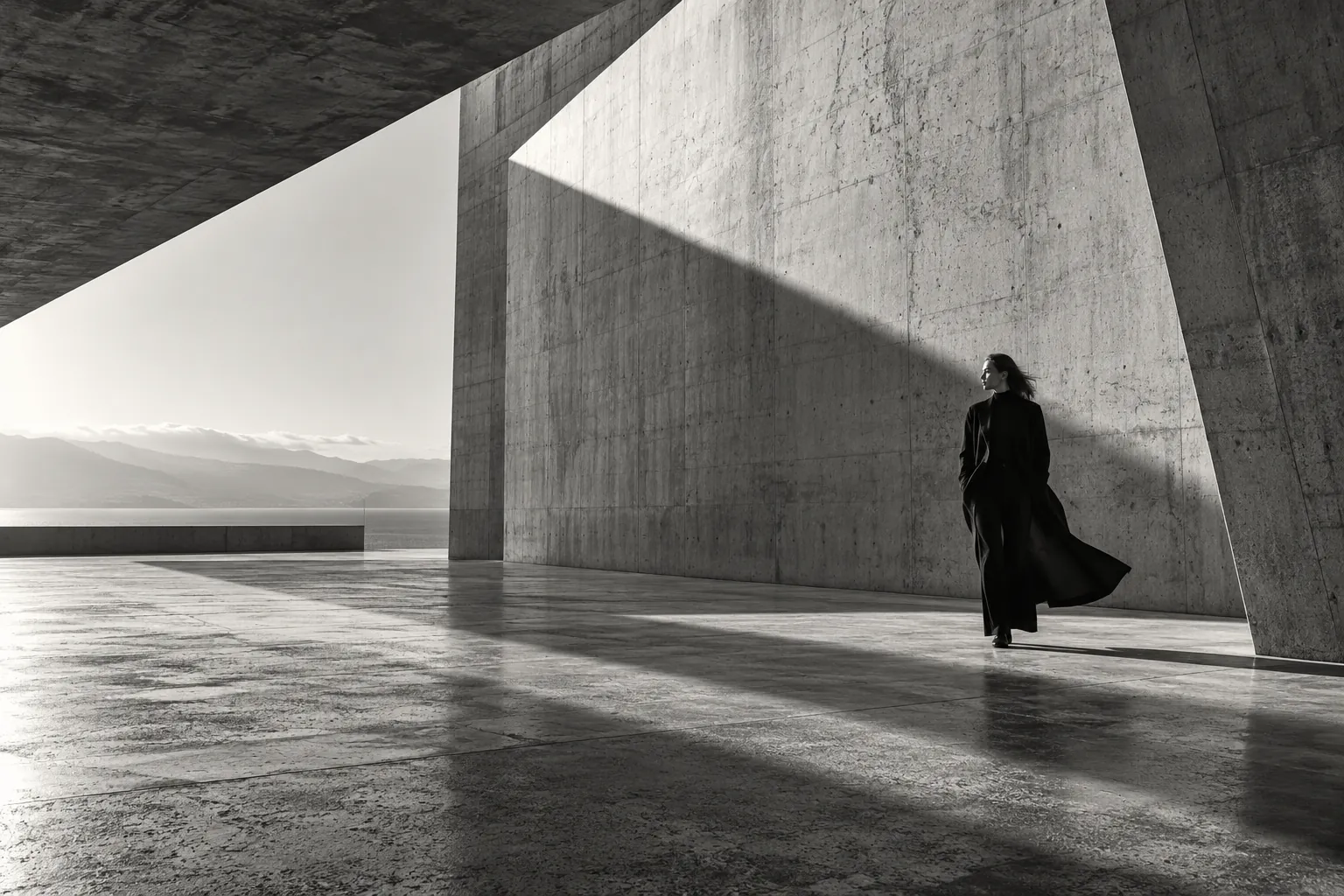 Eine Frau in monumentaler Architektur mit starkem Licht und Schatten
