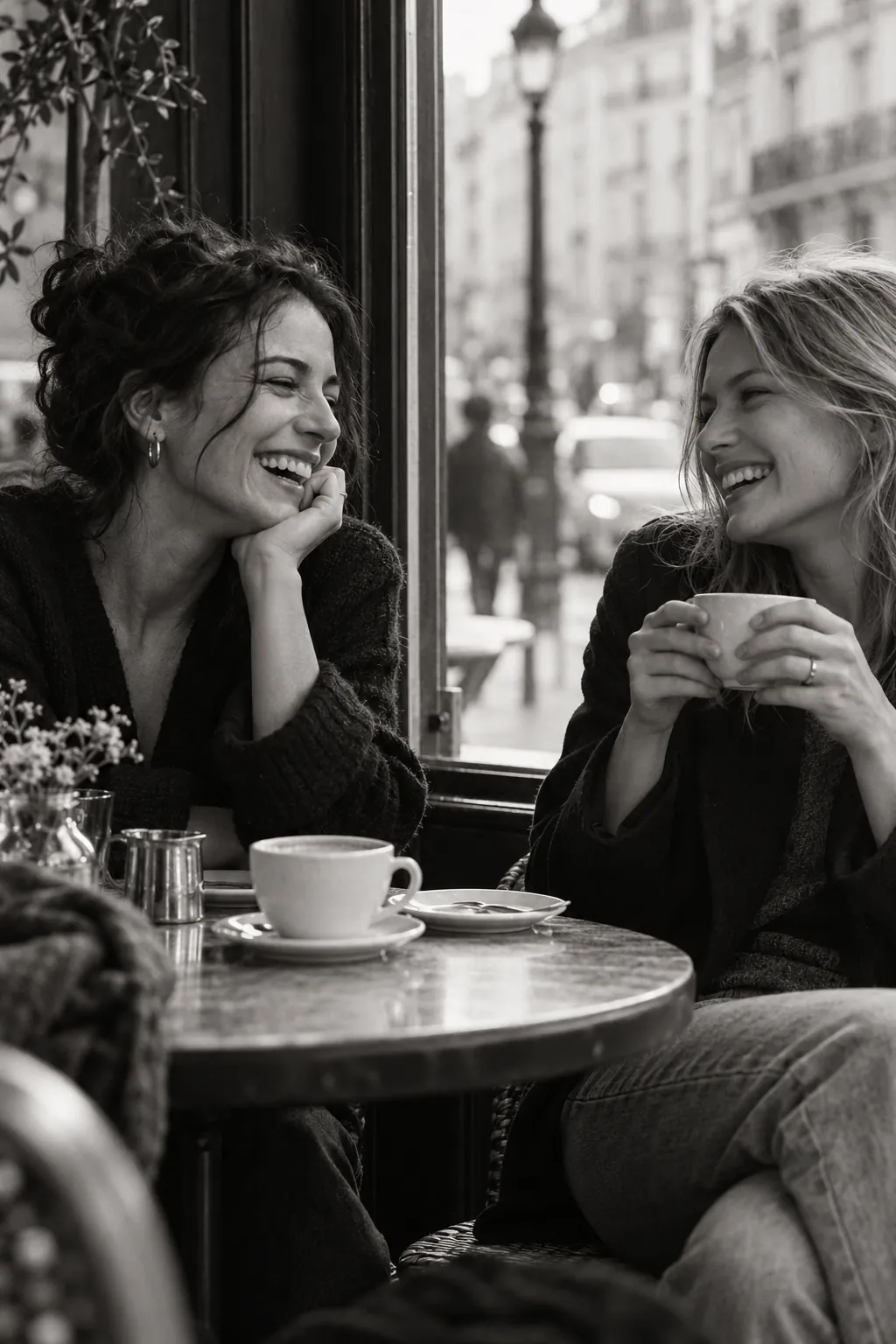 Zwei Freundinnen lachen gemeinsam an einem Cafétisch