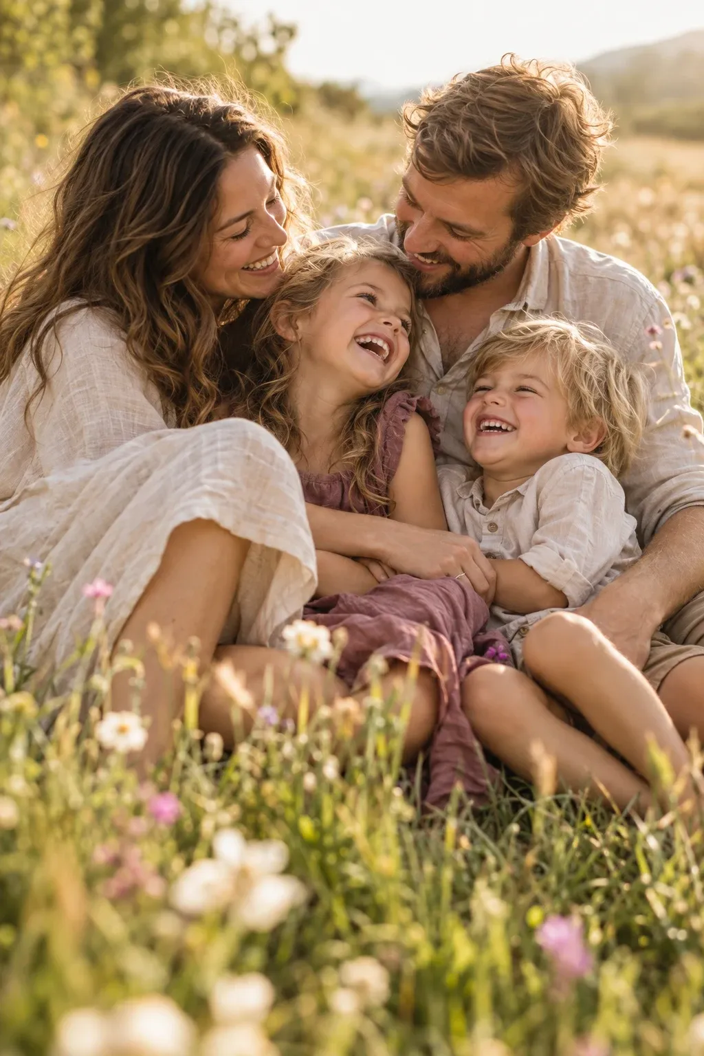 Familie kuschelt lachend auf einer Sommerwiese