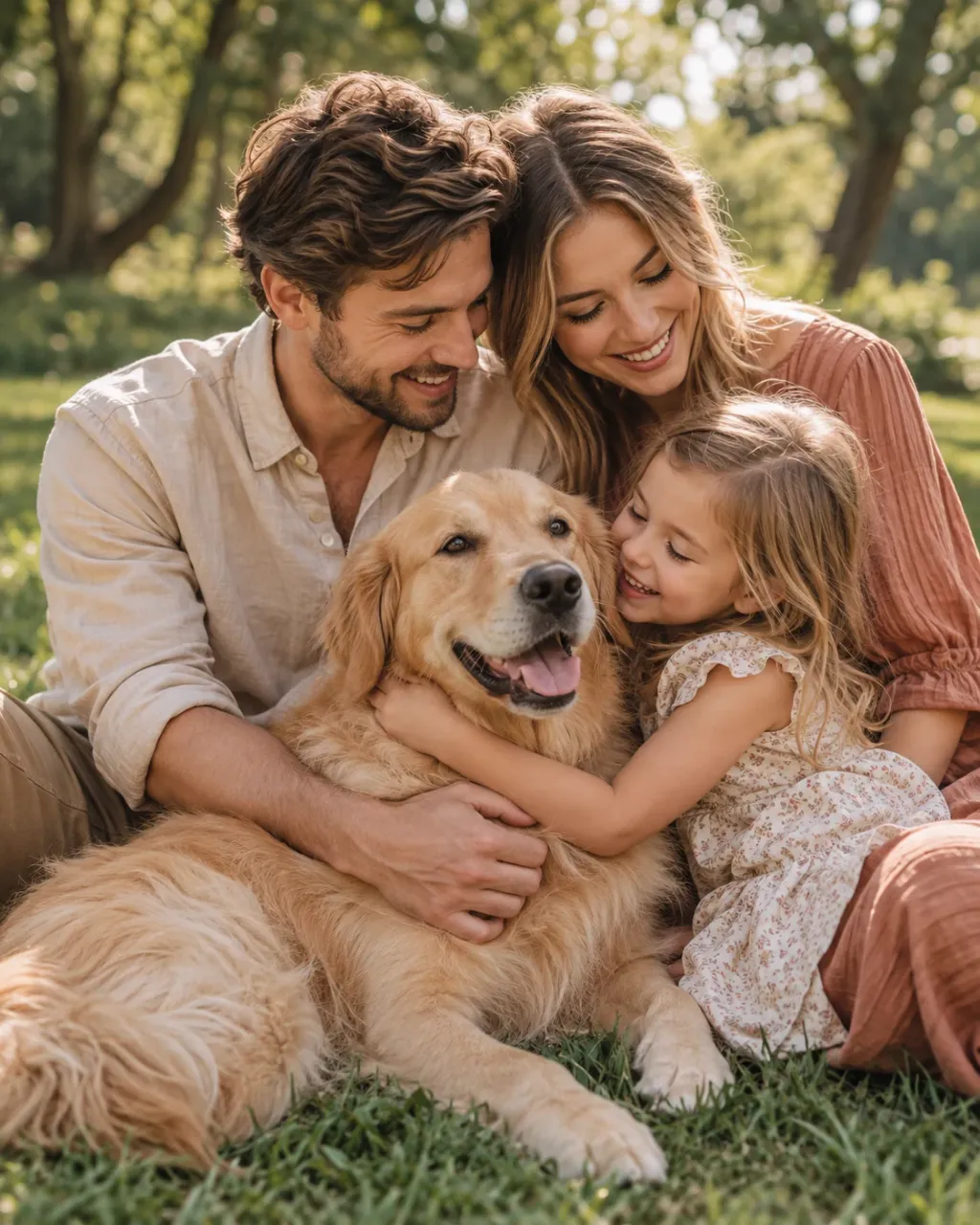 Familie mit ihrem Golden Retriever im Park