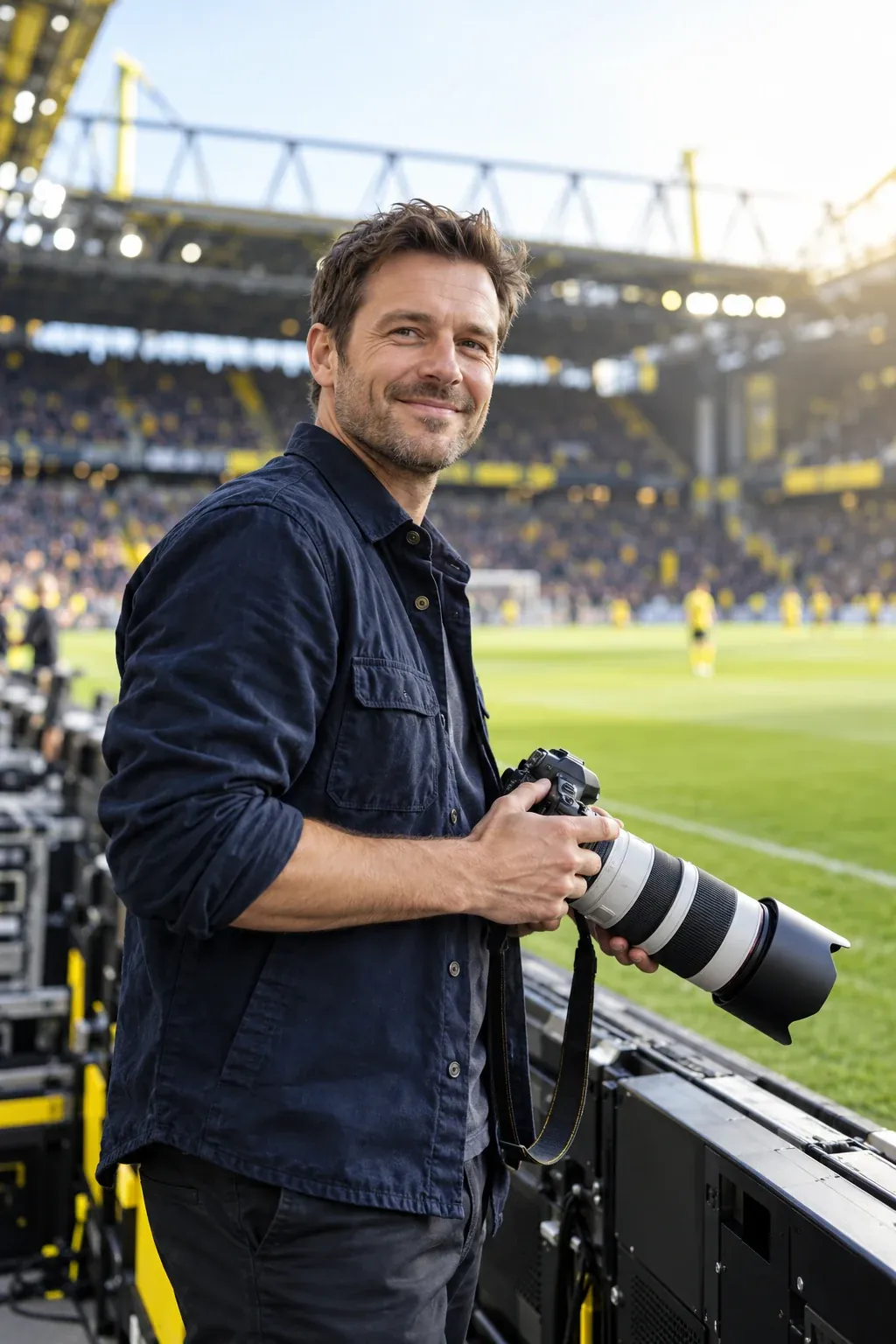 Fotograf mit Kamera am Spielfeldrand