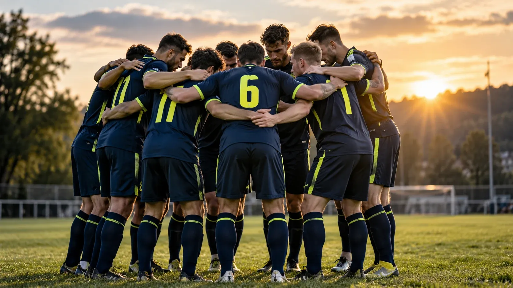 Fußballmannschaft im gemeinsamen Kreis vor dem Spiel