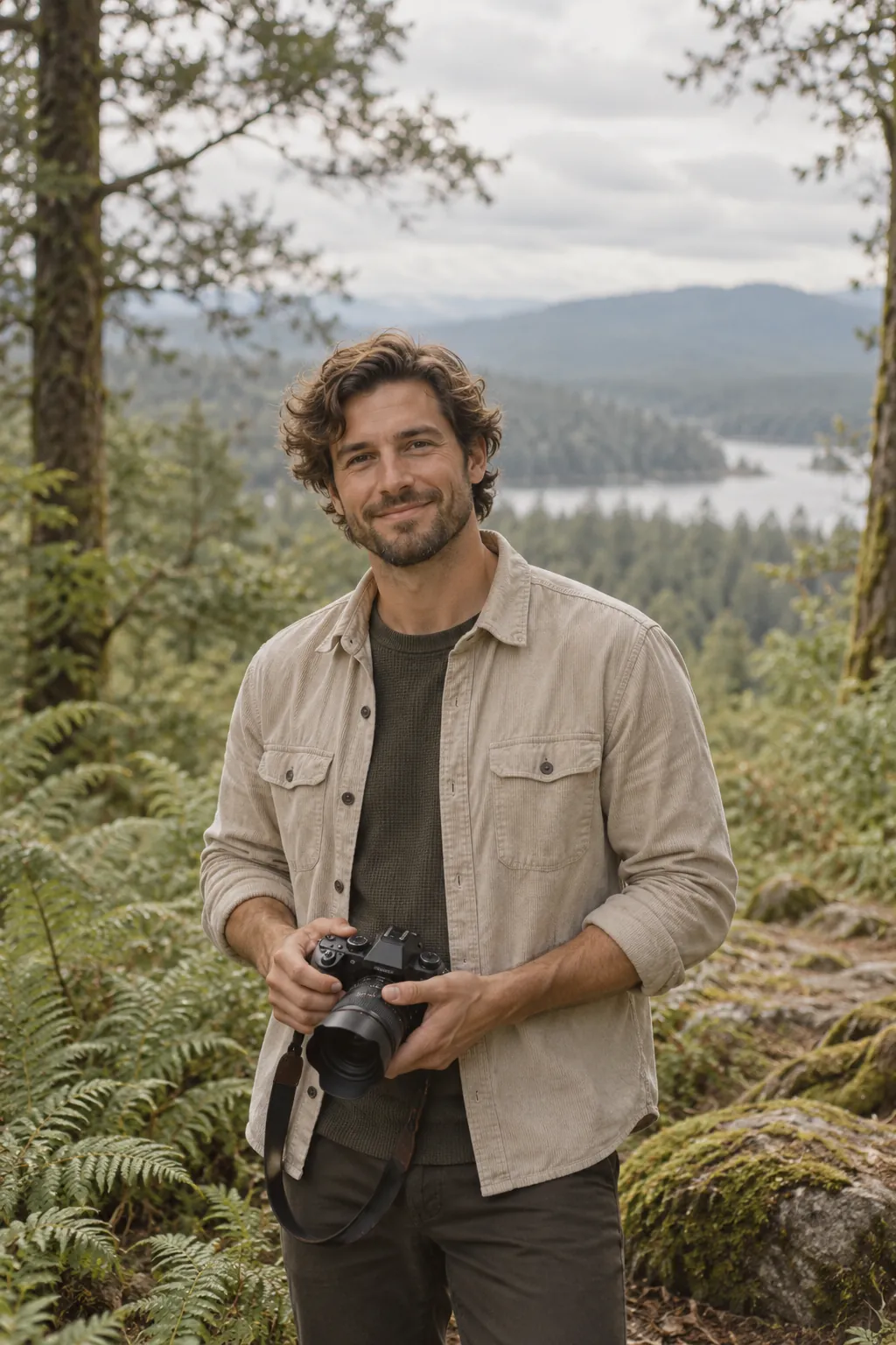 Alex, der Fotograf, mit Kamera auf einer Waldlichtung