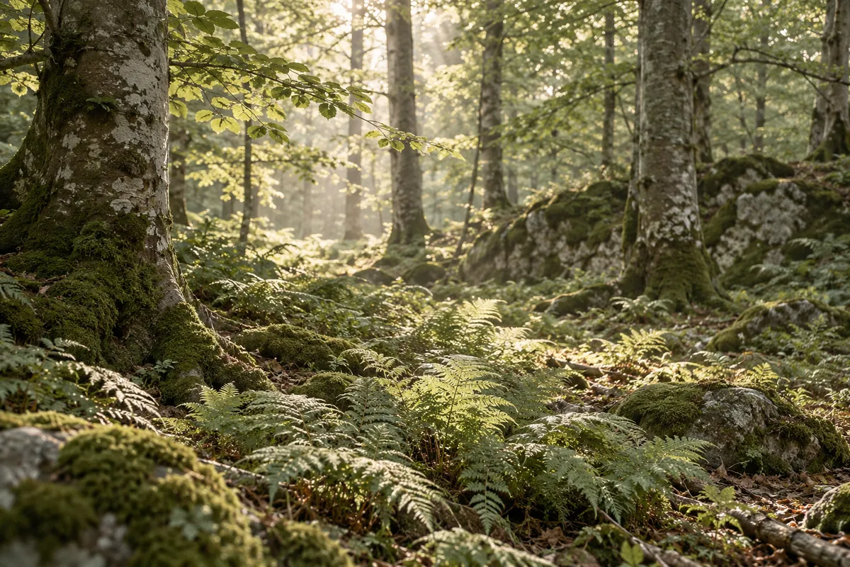 Weiches Tageslicht fällt durch Farne und Bäume
