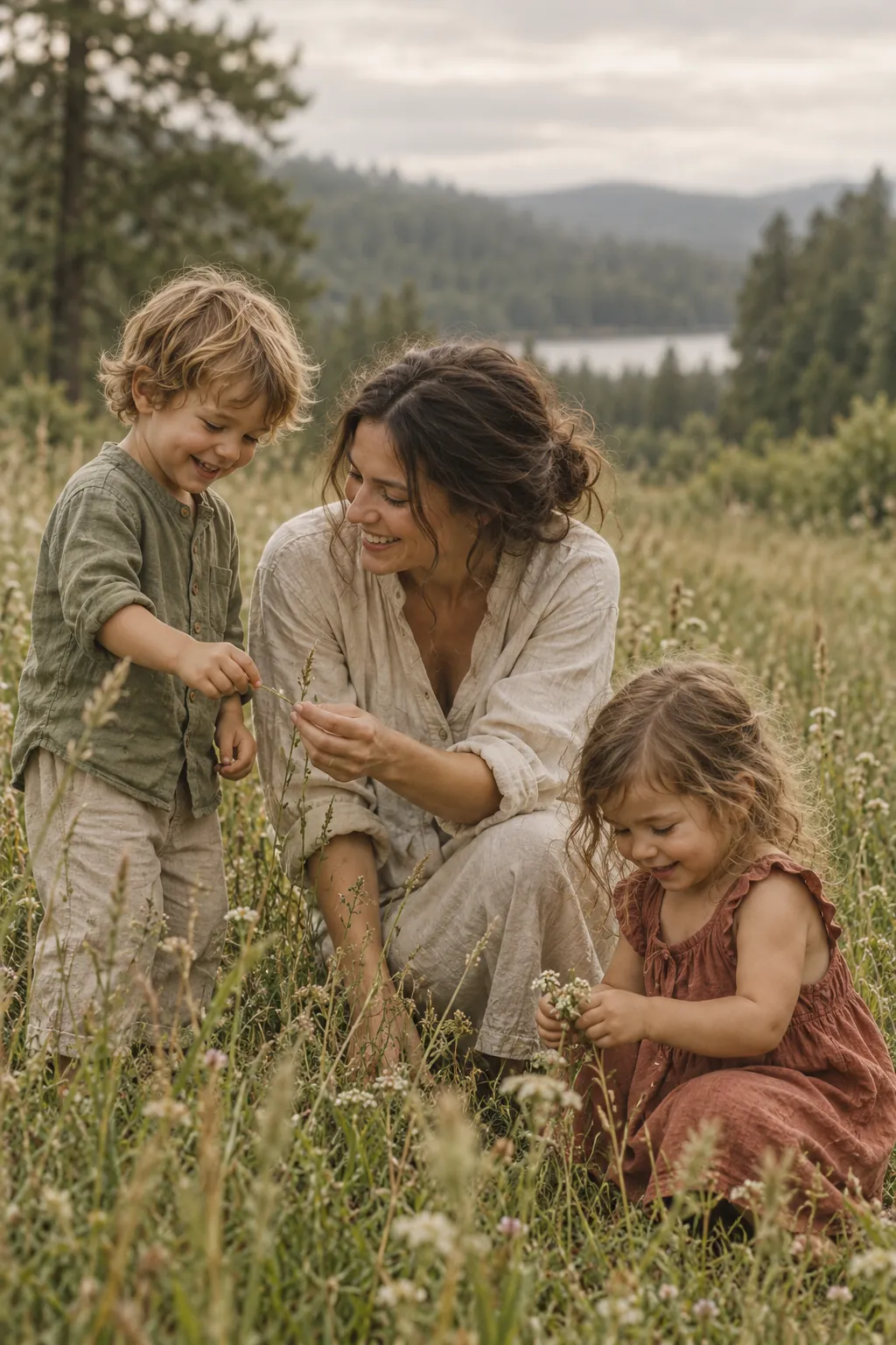 Ein Elternteil und zwei Kinder entdecken gemeinsam Gräser