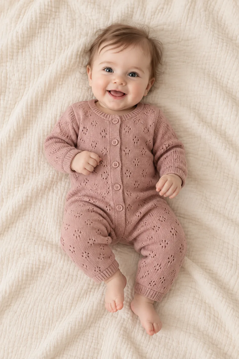 Ein lächelndes Baby auf einer flachen cremefarbenen Spieldecke