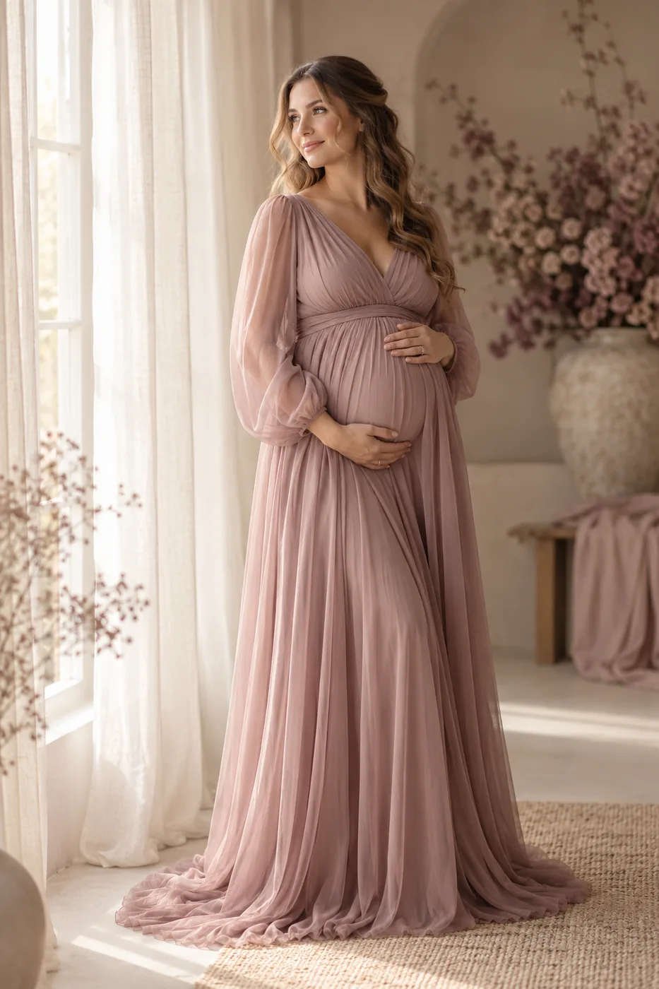 Schwangere Frau in einem roséfarbenen Kleid im sanften Fensterlicht